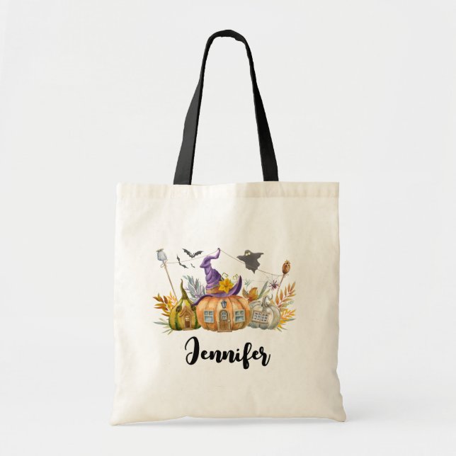 Haunted Pumpkin House with Ghost & Bats Tote Bag (Front)