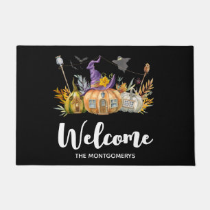 Haunted Pumpkin House with Ghost & Bats Welcome Doormat