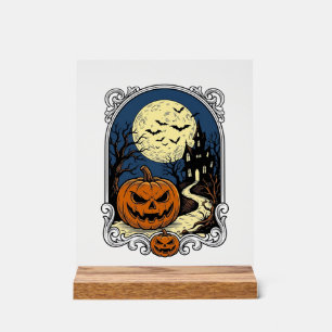 Haunted Pumpkin Scene Vintage Halloween Vector Art Acrylic Sign