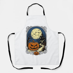 Haunted Pumpkin Scene Vintage Halloween Vector Art Apron