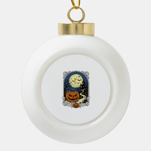 Haunted Pumpkin Scene Vintage Halloween Vector Art Ceramic Ball Christmas Ornament