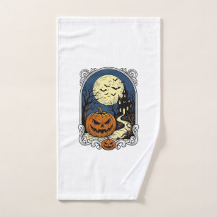 Haunted Pumpkin Scene Vintage Halloween Vector Art Hand Towel