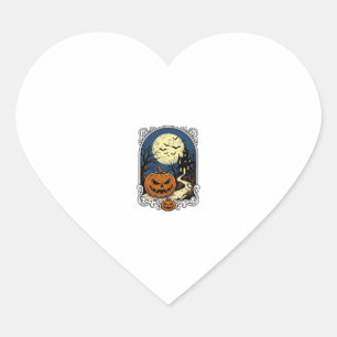 Haunted Pumpkin Scene Vintage Halloween Vector Art Heart Sticker