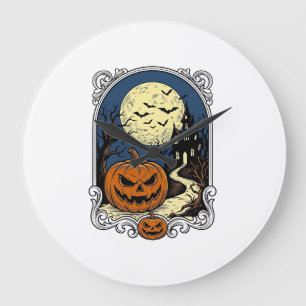 Haunted Pumpkin Scene Vintage Halloween Vector Art Large Clock