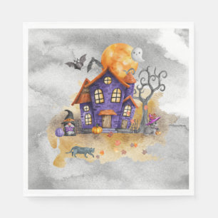 Haunted Purple Gnome House With Ghost Bats & Cats Napkin