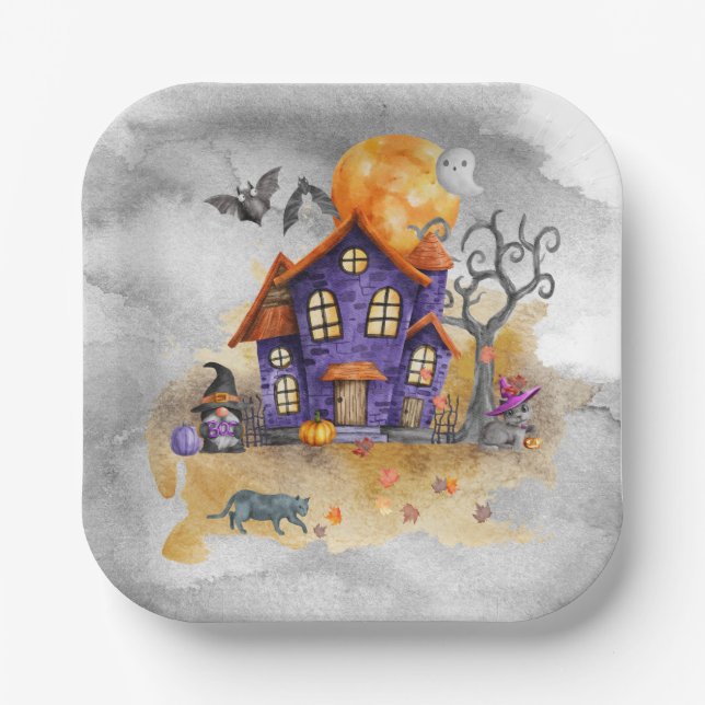 Haunted Purple Gnome House With Ghost Bats & Cats  Paper Plate (Front)