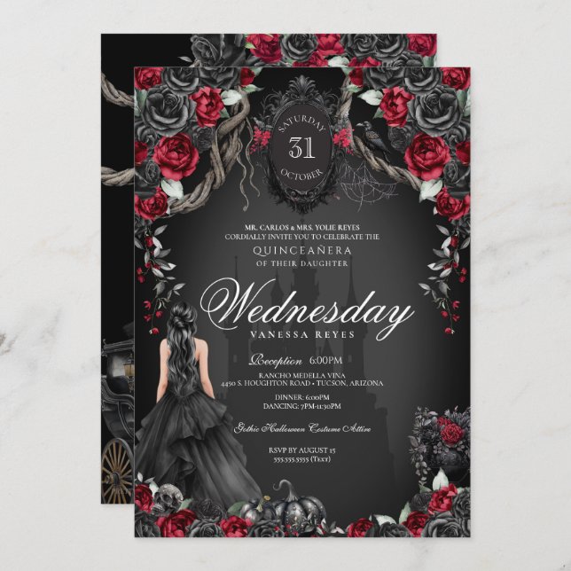 Haunted Quinceanera Black Rose Red Halloween  Invitation (Front/Back)