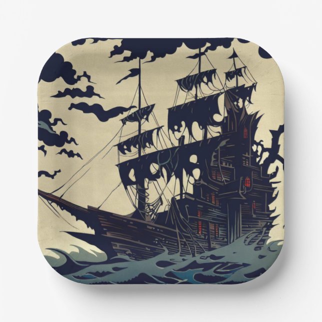 Haunted Sailing Ship Woodblock 1 Paper Plate (Front)