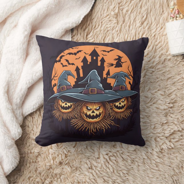 Haunted scarecrows glow beneath the moon throw pillow (Blanket)