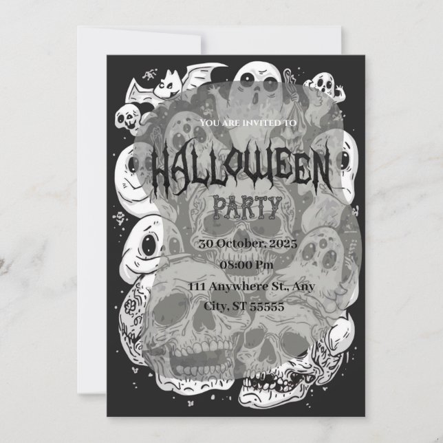 Haunted Skulls & Ghosts Halloween Invitation (Front)