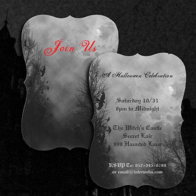 Haunted Sky with Raven Custom Halloween Invitation (Full moon with ravens Halloween party invitations)