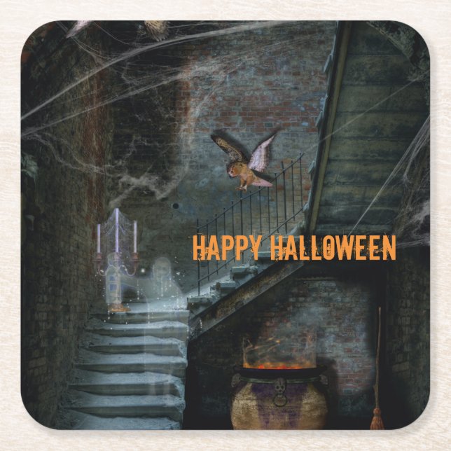 Haunted Staircase Halloween Square Paper Coaster (Front)