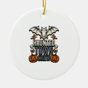 Haunted Town Shirt Vintage Halloween Bat Pumpkin T Ceramic Ornament