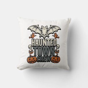 Haunted Town Shirt Vintage Halloween Bat Pumpkin T Throw Pillow