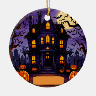 Haunted Victorian House Halloween Moonlight Scene  Ceramic Ornament