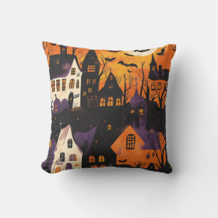 Haunted Village Spooky Purple Orange Halloween Throw Pillow