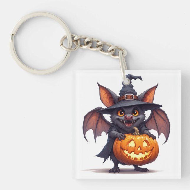 Haunted Witch Bat With Pumpkin Lantern 🎃 Keychain (Front)