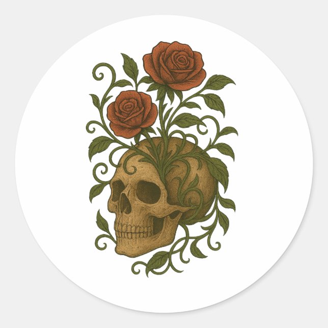 Haunting Beauty  Skull and Roses Halloween Art Classic Round Sticker (Front)