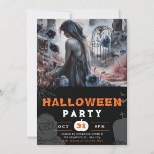 Haunting Graveyard Blue Flowers Halloween Invitation