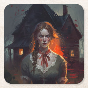 Haunting house square paper coaster