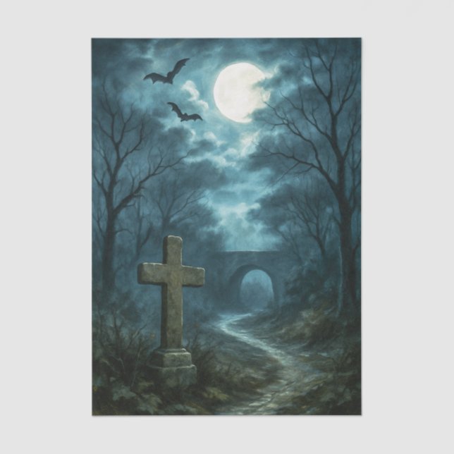 Haunting Moonlit Graveyard Decoupage Tissue Paper (Front)