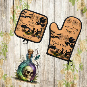 Haunting Nights Halloween Pumpkin Black Cat Horror Oven Mitt & Pot Holder Set