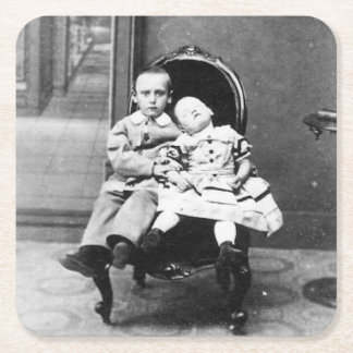Haunting Vintage Sibling Portrait  Square Paper Coaster