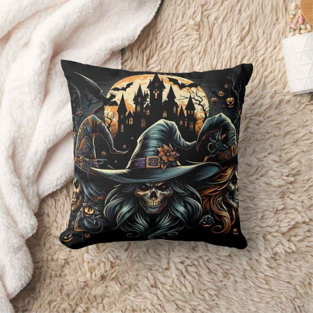 Haunting witches gather under a full moon throw pillow (Blanket)