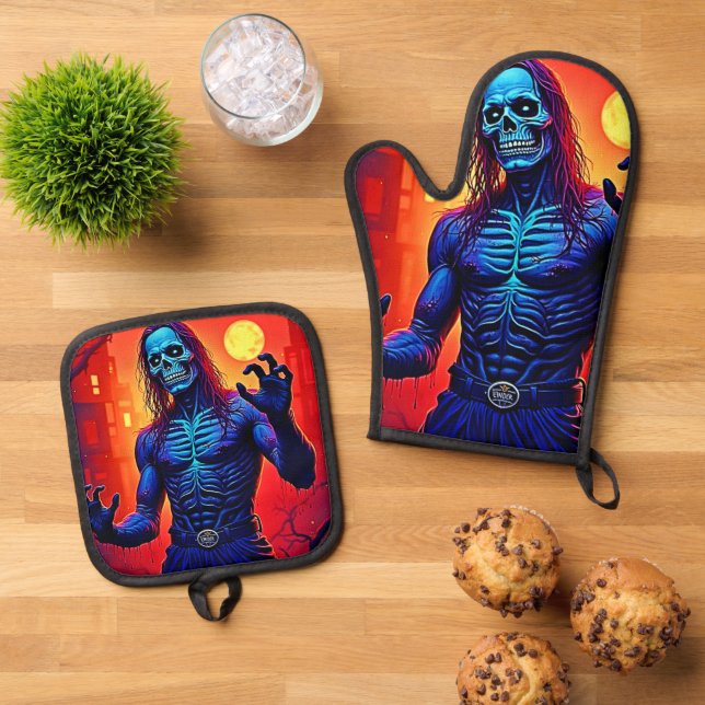 Haunting Zombie Demon In The City Design Oven Mitt & Pot Holder Set (Top Down)