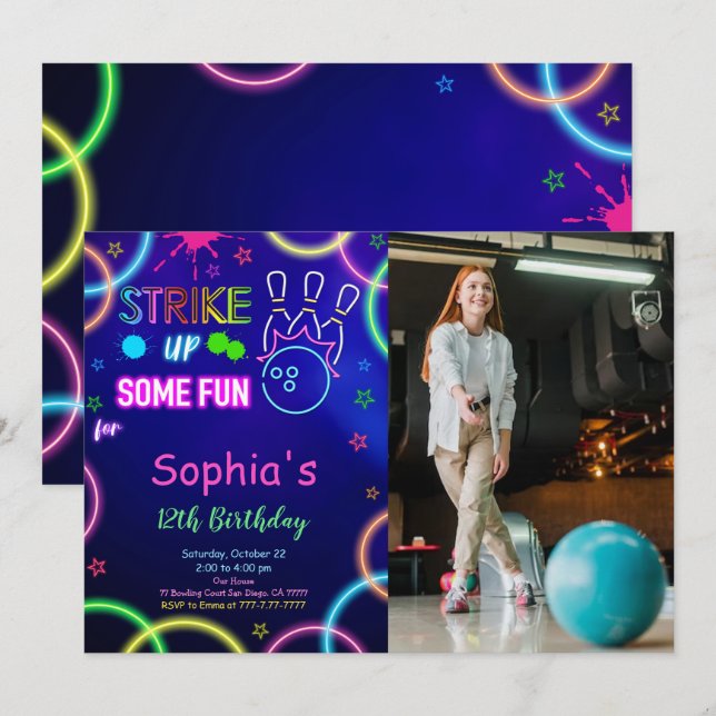 HAUT Bowling Anniversaire Photo Invitation (Devant / Derrière)