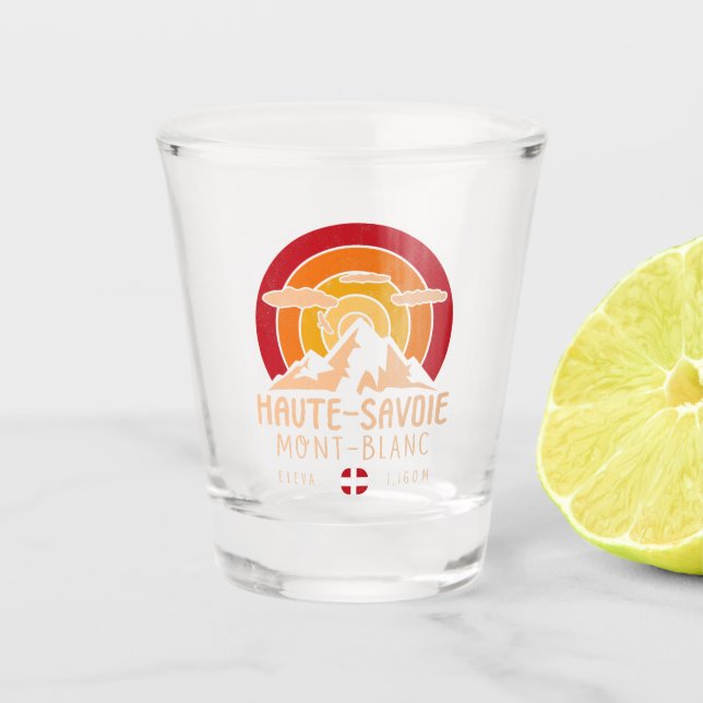 Haute-Savoie France Retro Sunset Skiing Souvenirs Shot Glass (Front)