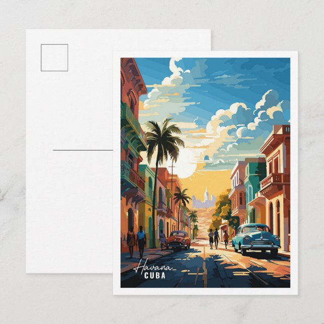 Havana Cuba Art Vintage Travel Illustration Postcard (Front/Back)