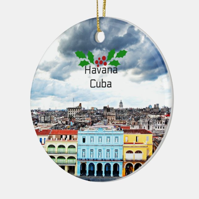 Havana, Cuba cityscape with Christmas holly Ceramic Ornament (Left)