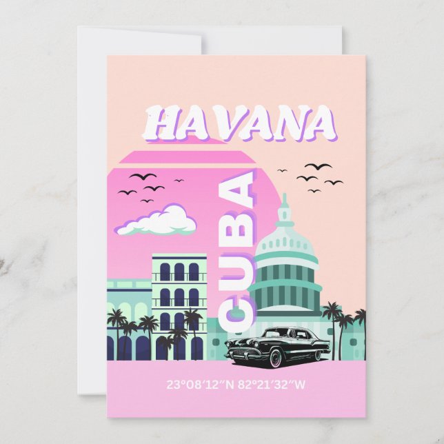Havana Cuba Pink Travel Art Holiday Card (Front)