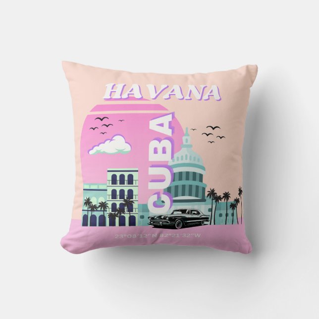 Havana Cuba Pink Travel Art Throw Pillow (Front)