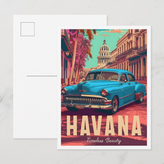 Havana Cuba Vintage Art Travel Illustration Postcard (Front/Back)