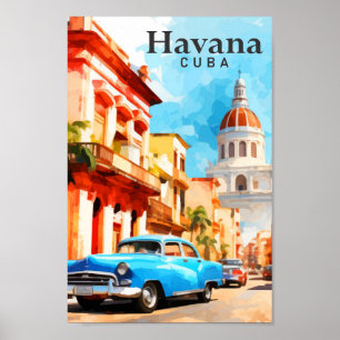 Havana Cuba Watercolor Painting Travel Poster