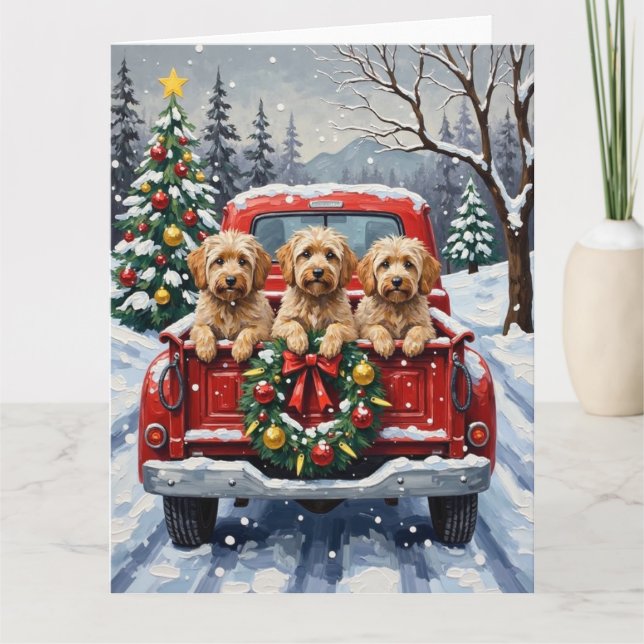 Havanese Christmas Red Truck Holiday Card (Front)