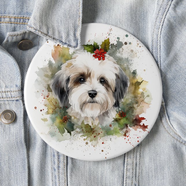 Havanese Christmas Wreath Festive Pup 6 Inch Round Button (In Situ)