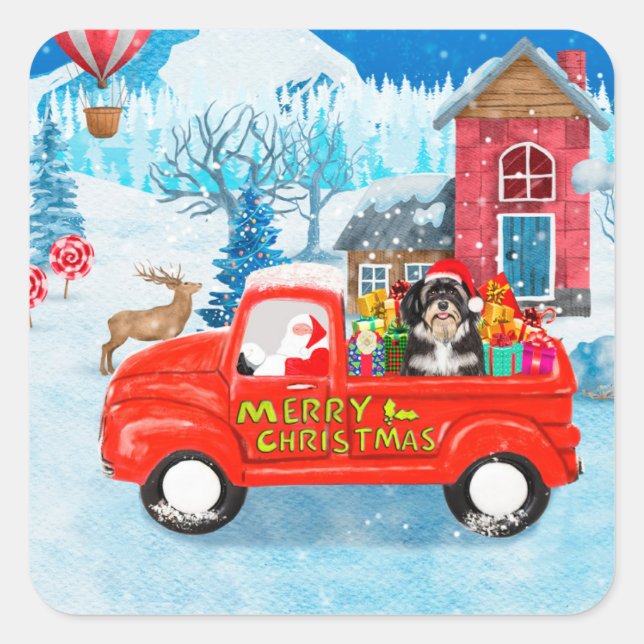 Havanese Dog Christmas Delivery Truck Snow  Square Sticker (Front)