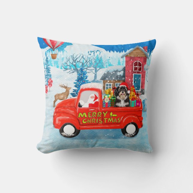 Havanese Dog Christmas Delivery Truck Snow Throw Pillow (Front)