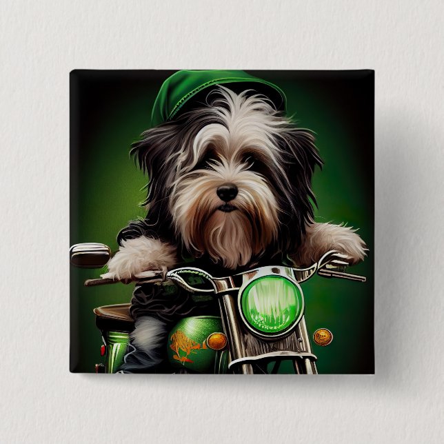 Havanese Dog Driving Bike St. Patrick's Day 2 Inch Square Button (Front)