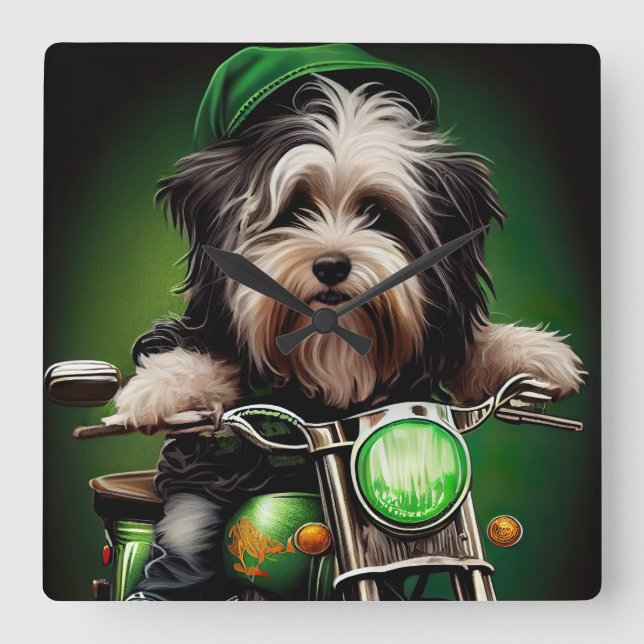 Havanese Dog Driving Bike St. Patrick's Day Square Wall Clock (Front)