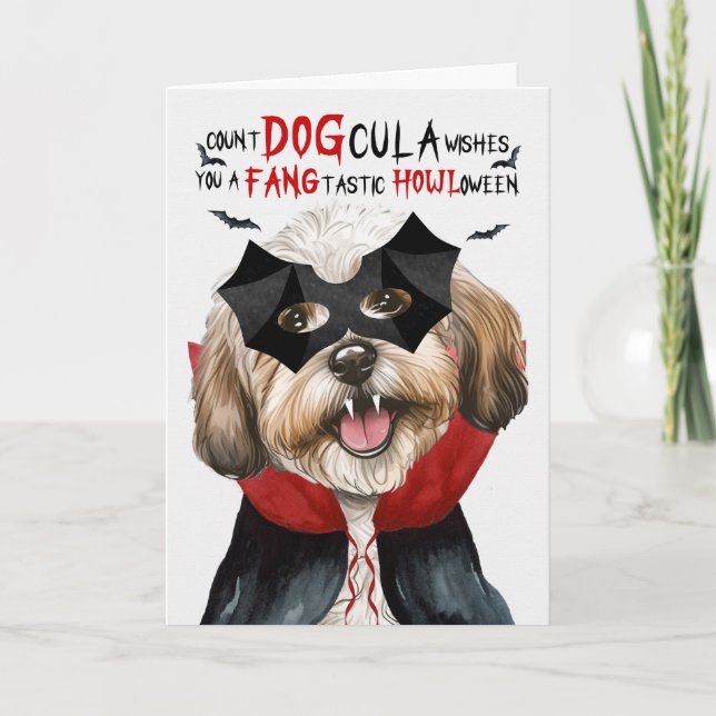 Havanese Dog Funny Count DOGcula Halloween Holiday Card (Front)