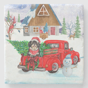 Havanese Dog In Christmas Delivery Truck Snow Stone Coaster