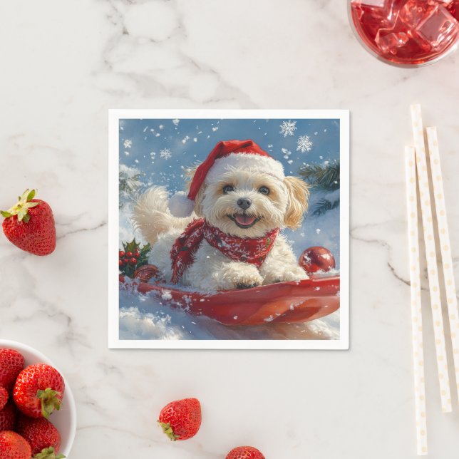 Havanese Dog in Sledge Let it Snow Christmas Napkin (Insitu)