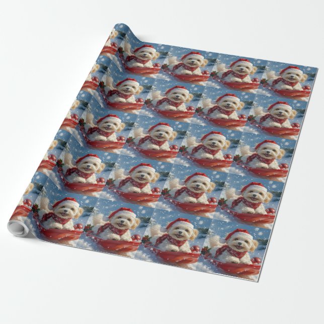 Havanese Dog in Sledge Let it Snow Christmas Wrapping Paper (Unrolled)