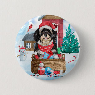 Havanese Dog In snow Christmas Dog House  2 Inch Round Button