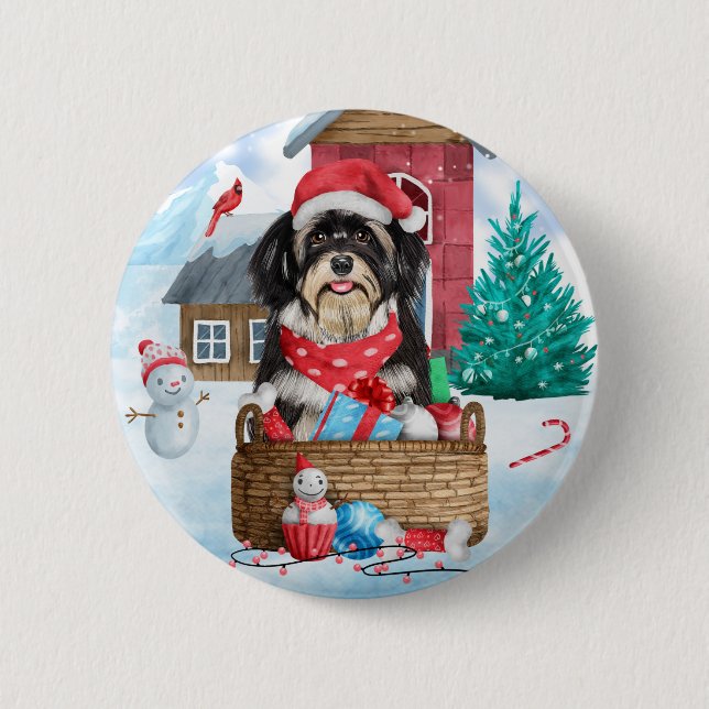 Havanese Dog In snow Christmas Dog House  2 Inch Round Button (Front)