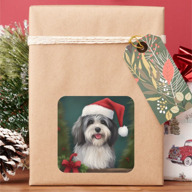 Havanese Dog in Snow Christmas Square Sticker (Holiday)